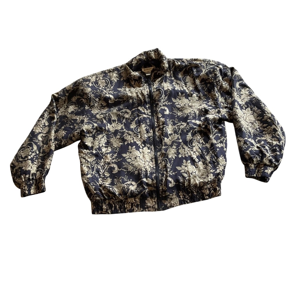 Bogari Bomber Jacket Women Large Blue Floral Silk‎ Vintage Full Zip Lightweight